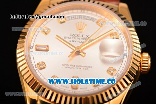 Rolex Day-Date Asia 2813/Swiss ETA 2836/Clone Rolex 3135 Automatic Yellow Gold Case with Silver Dial and Diamonds Markers (BP) - Click Image to Close
